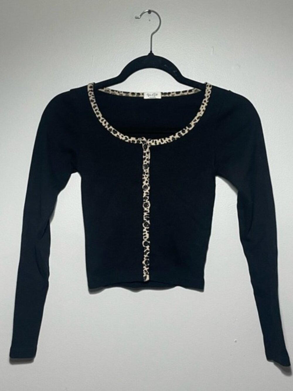 Leopard Trim Button-Front Long Sleeve Top